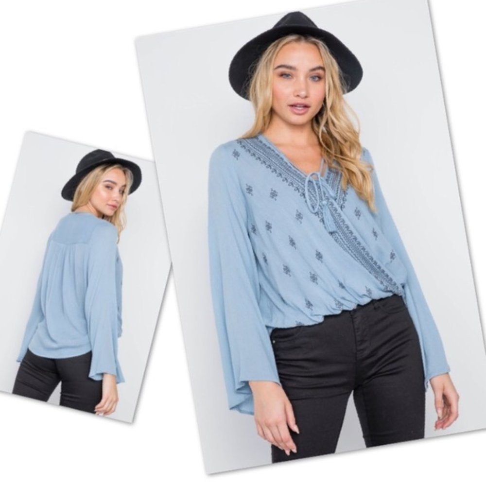 Lt Blue Embroidered Bell Sleeve Surplice V-Neck L